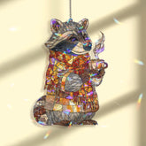 Cozy Raccoon Acrylic Suncatcher, Stained Glass Style Autumn Animal with Scarf and Coffee Window Hanging, Fall Woodland Home Decor Gift